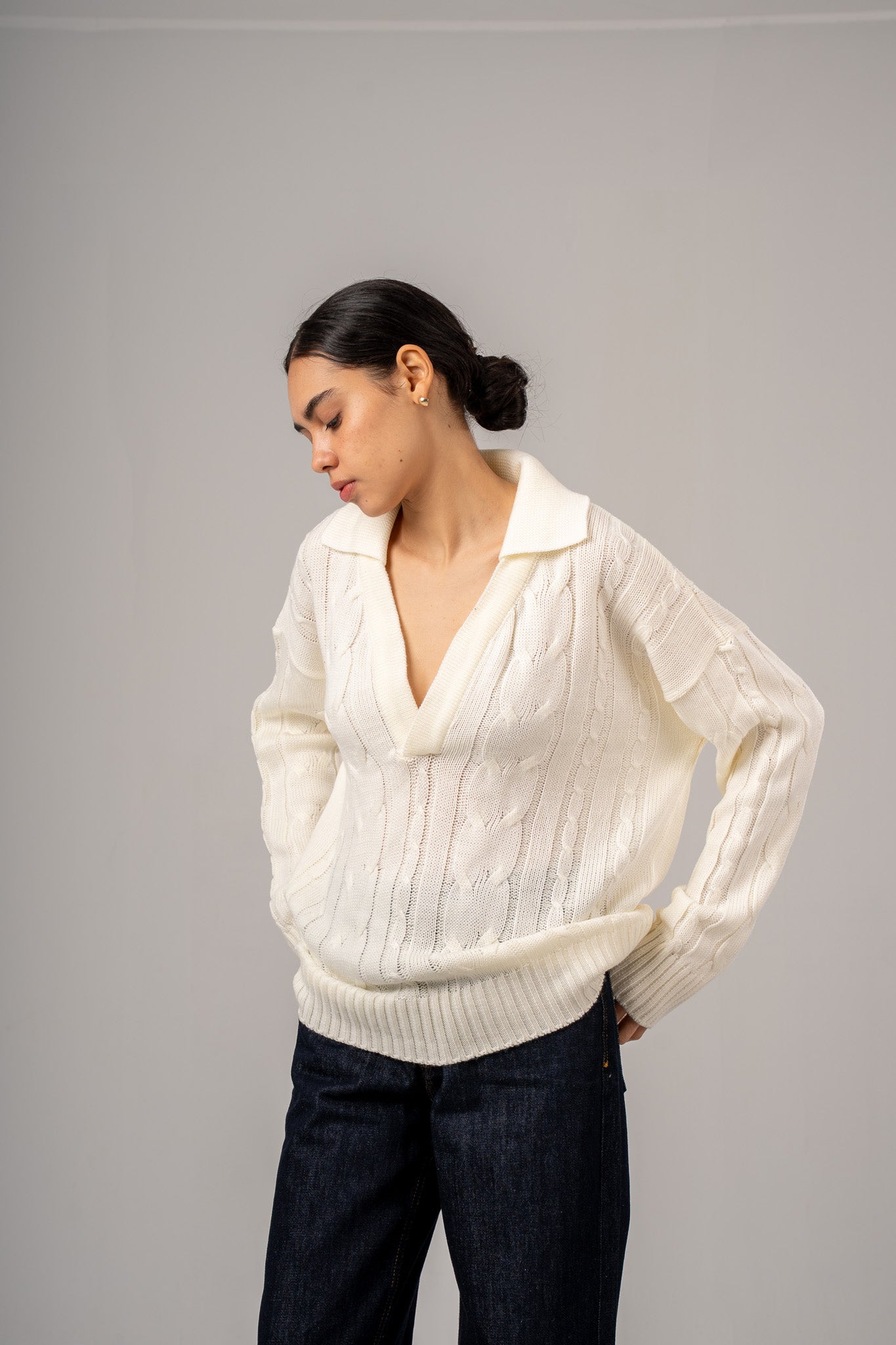 Ecru Cable Pullover With Collar